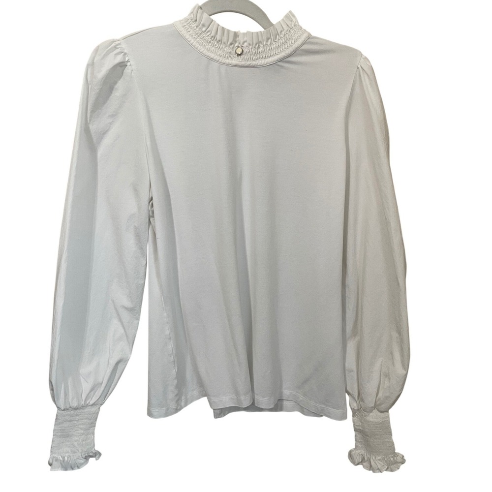 ME+EM White Smocked High Neck Jersey Top Poplin Balloon Sleeve US 12 Edwardian